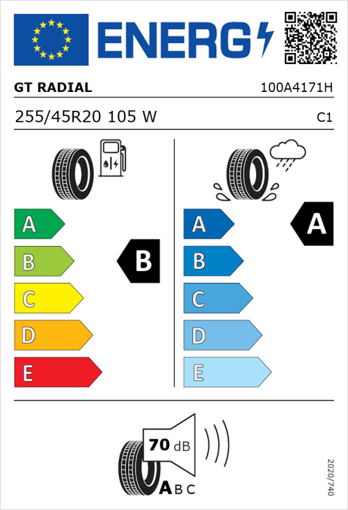 Tyre Label for GT Radial SportActive 2 SUV 255/45R20 105W