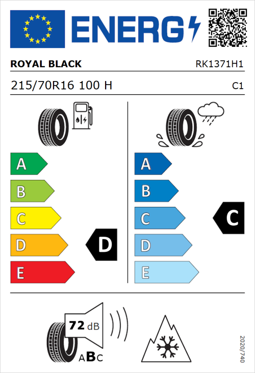 Tyre Label for Royal Black Royal A/S 215/70R16 100H